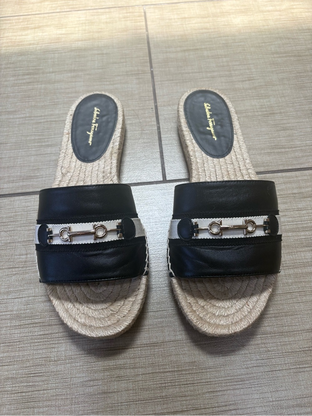 Salvatore Ferragamo Black Leather Espadrille Slide Sandals with Gold Hardware - Picture 1 of 4